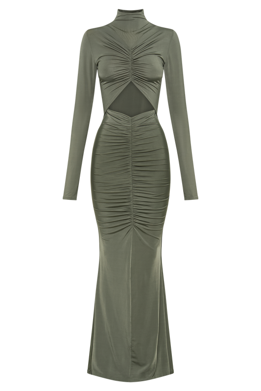 Pia Slinky Long Sleeve Cutout Maxi Dress - Military Olive