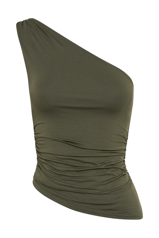 Sarah One Shoulder Modal Asymmetric Top - Military Olive