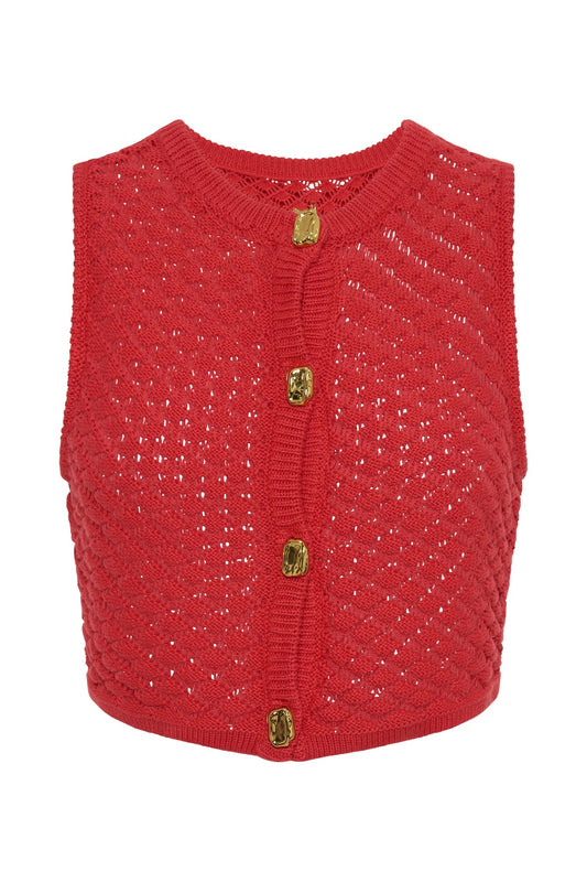 Lorenza Crochet Button Down Crop Top - Pomegranate