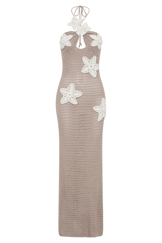 Kyla Floral Crochet Maxi Dress  - Taupe/White