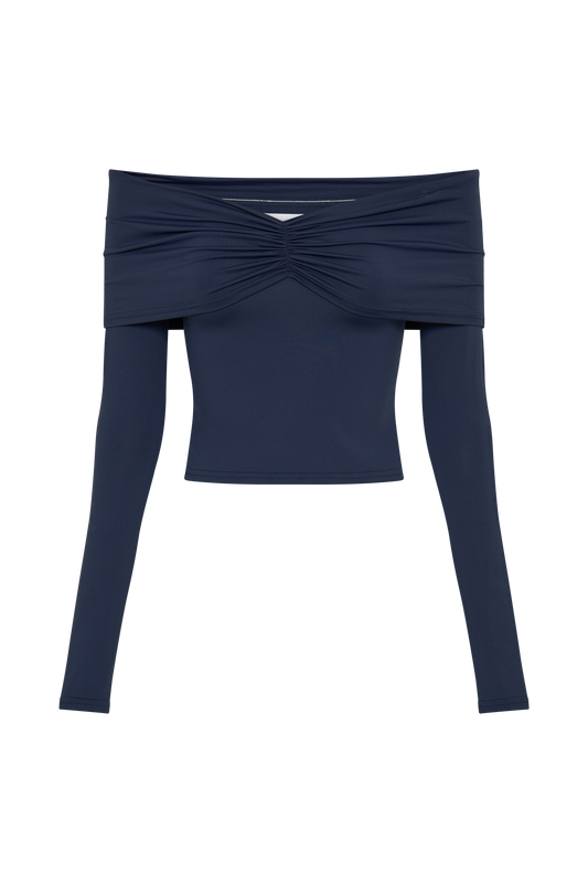 Prue Ruched Off Shoulder Long Sleeve Top - Navy