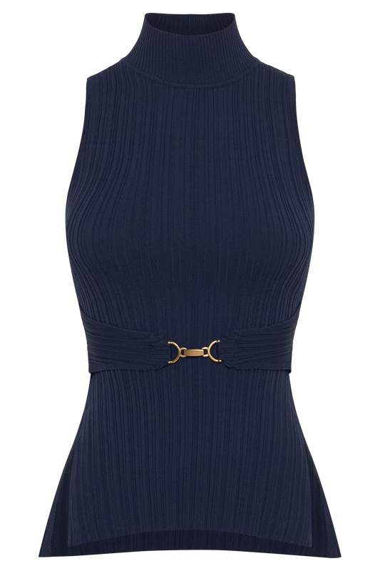 Tanya Cut Out High Neck Top - Navy