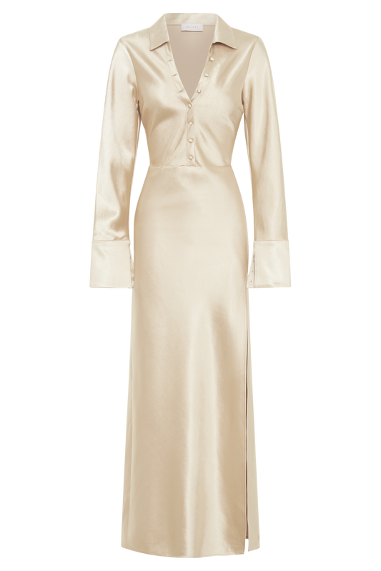 Whitley Satin Collared Maxi Dress - Gold