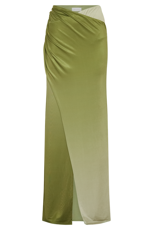 Bronwyn Slinky Ruched Maxi Skirt With Split - Ombre Vintage Olive