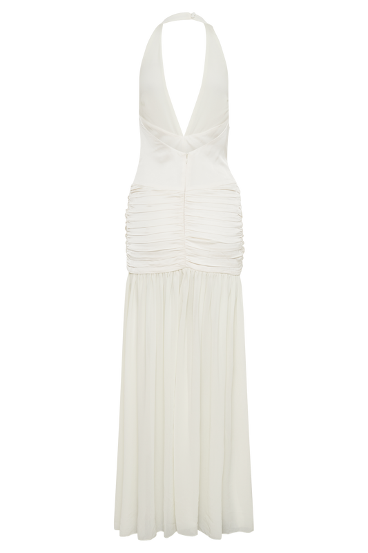 Graziana Satin Chiffon Plunge Maxi Dress - Ivory