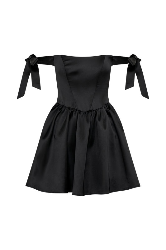 Rita Satin Mini Dress With Bow Sleeves - Black