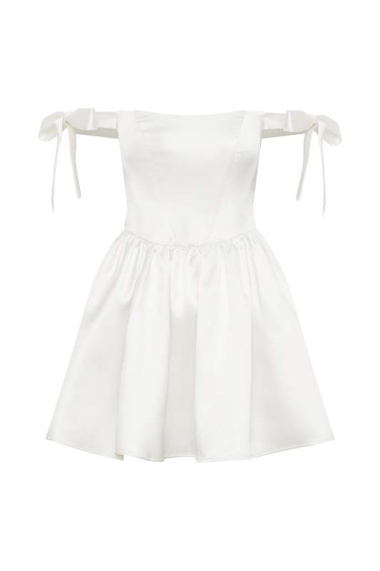 Rita Satin Mini Dress With Bow Sleeves - White