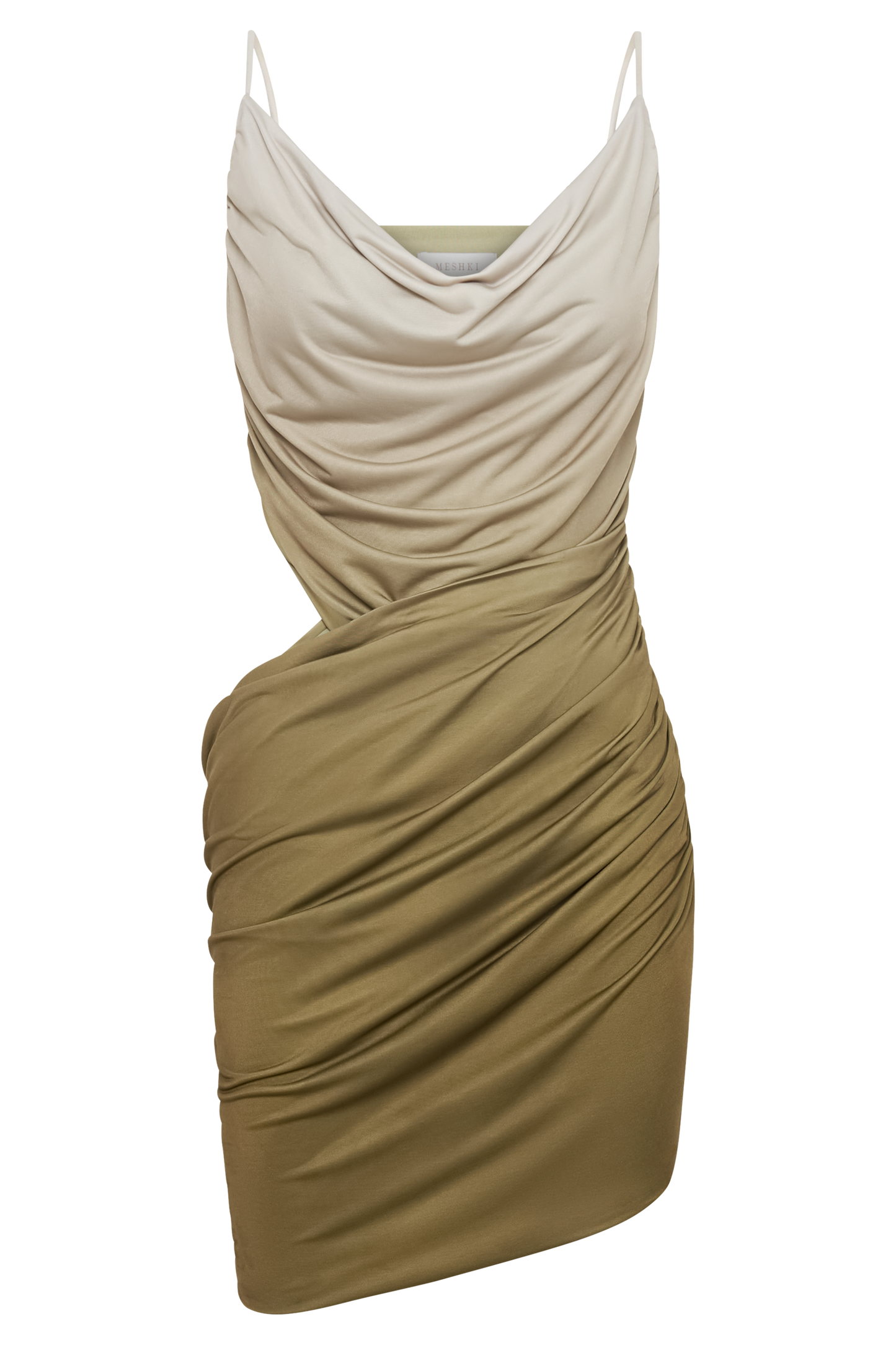 Nellie Cowl Draped Slinky Mini Dress - Ombre Vintage Olive