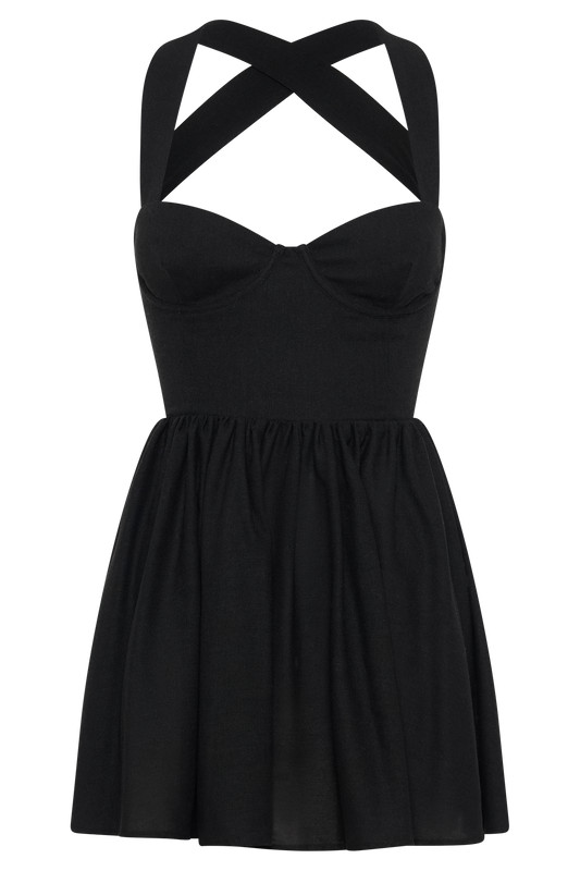 Loz Tie Back Linen Mini Dress - Black