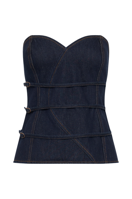 Sylas Strapless Buckle Denim Top - Indigo Blue