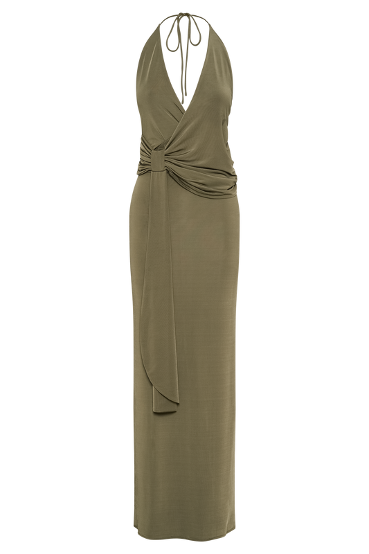 Tyla Draped Slinky Halter Maxi Dress - Dark Olive