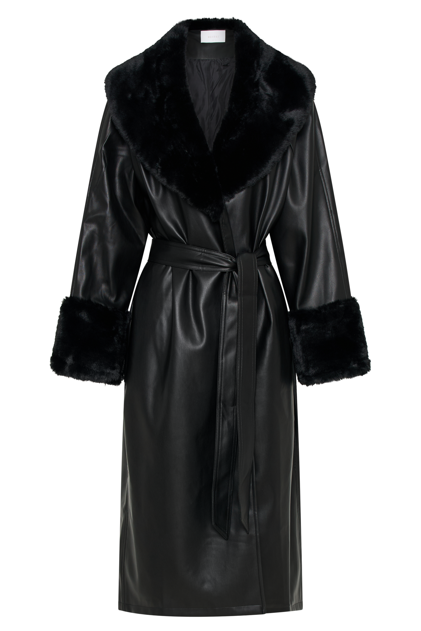 Rebekah Oversized Pu Trench Coat With Fur Trim - Black