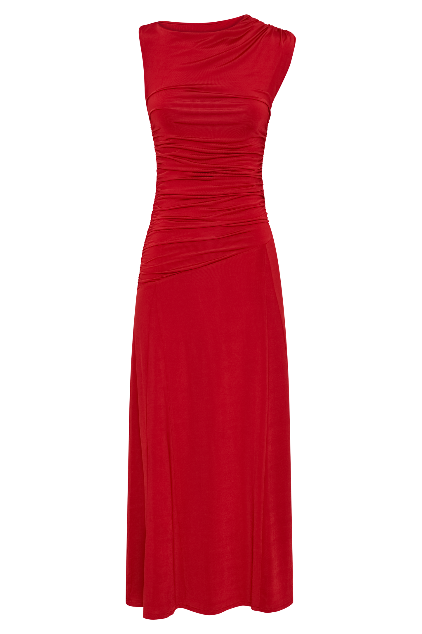 Navanna Asymmetric Slinky Midi Dress - Red