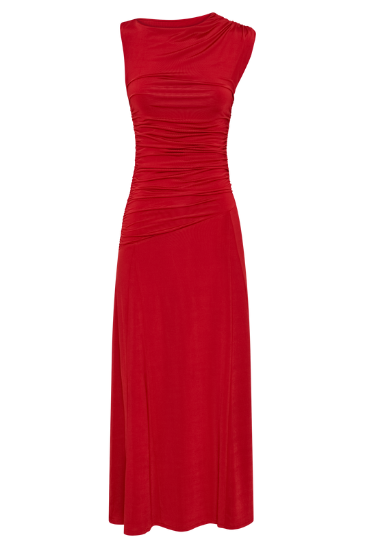 Navanna Asymmetric Slinky Midi Dress - Red