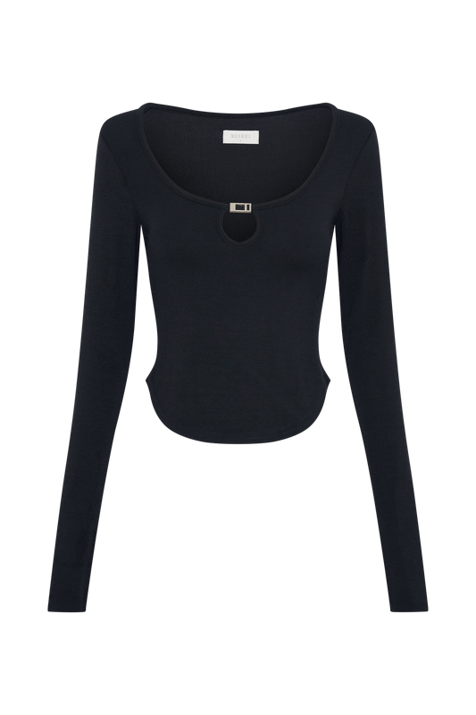 Natalia Modal Buckle Long Sleeve Top - Black