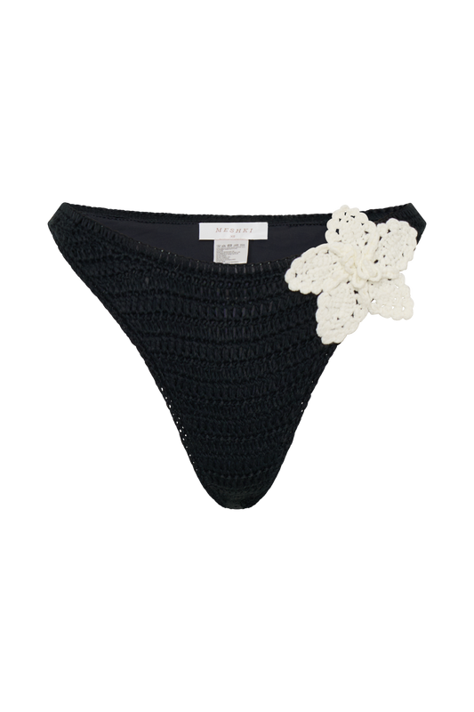 Skye Floral Crochet Tie Up Bikini Bottom - Black And White