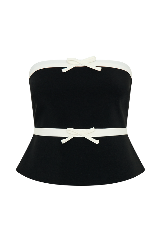 Aisha Strapless Suiting Top With Contrast Bows - Black & White