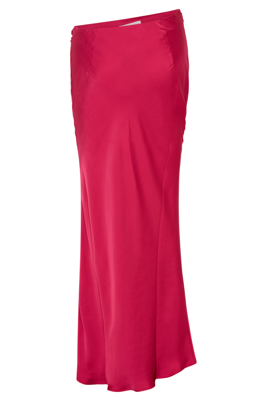 Nicola Satin Asymmetric Maxi Skirt - Pink Cherry