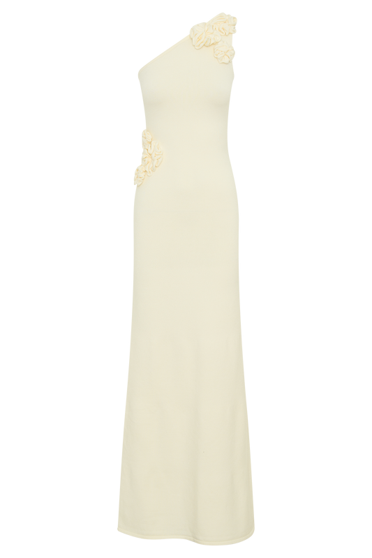 Paloma One Shoulder Knit Maxi Dress With Flowers - Ivory