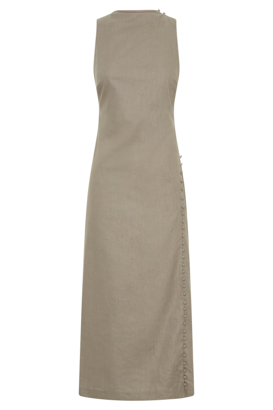 Bronte Linen Button Midi Dress - Pebble