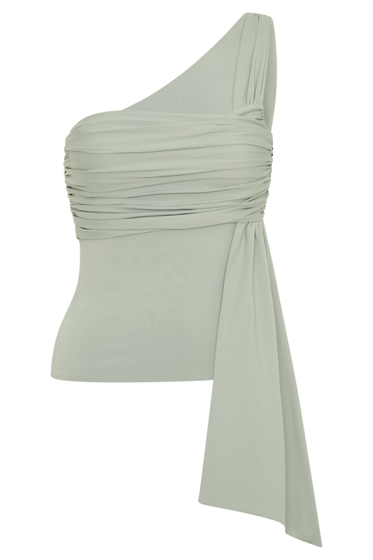 Sera One Shoulder Recycled Nylon Top With Drape - Basil