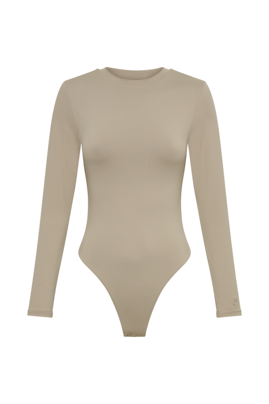 Delilah Recycled Nylon Long Sleeve Crew Neck Bodysuit - Taupe