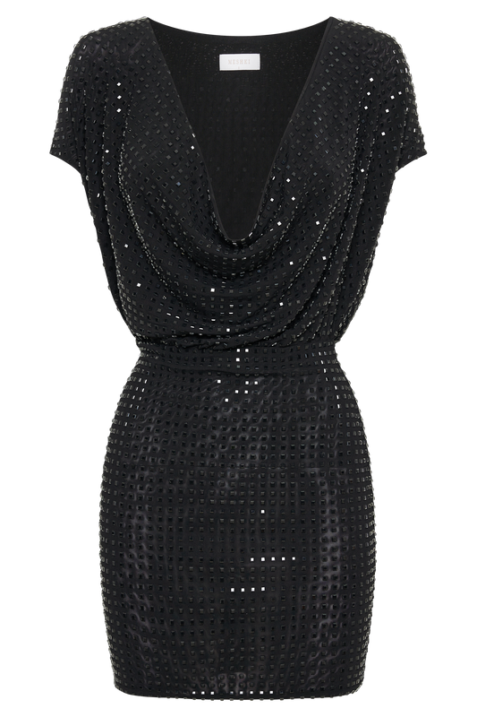 Seona Square Diamante Mini Dress - Black