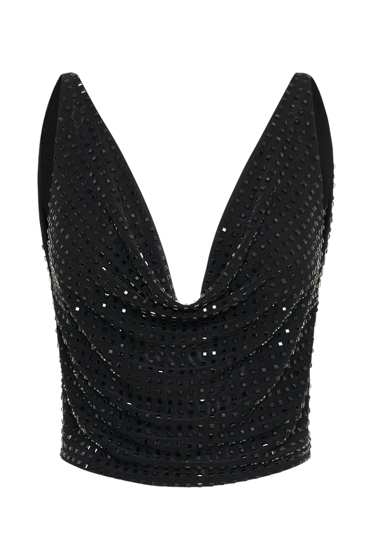 Ellery Square Diamante Cowl Top - Black