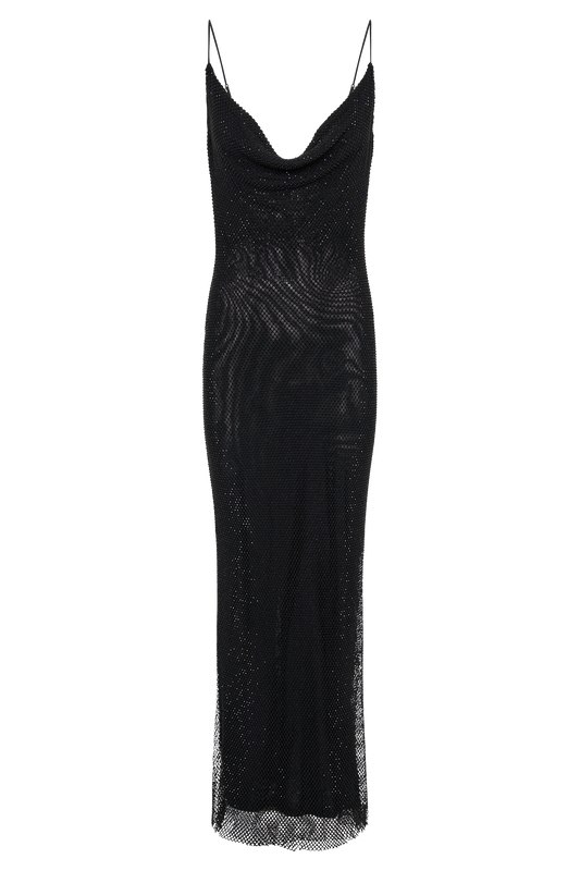 Madelaine Diamante Mesh Cowl Maxi Dress - Black