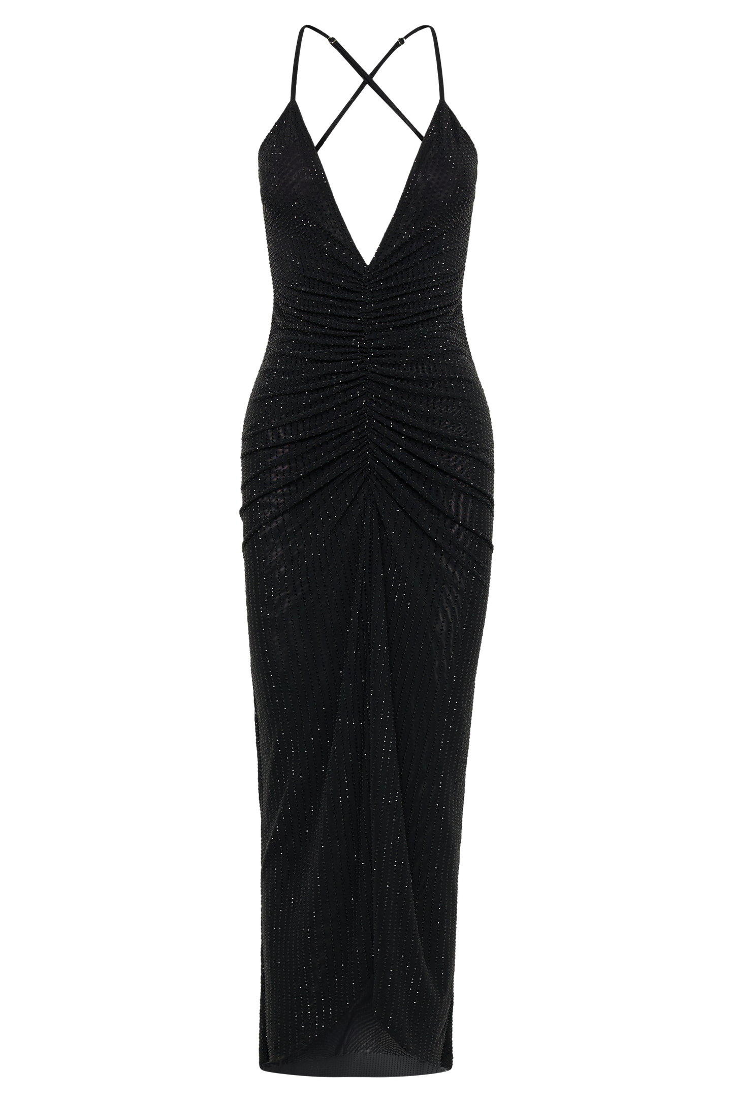 Emeraude Diamante Ruched Midi Dress - Black