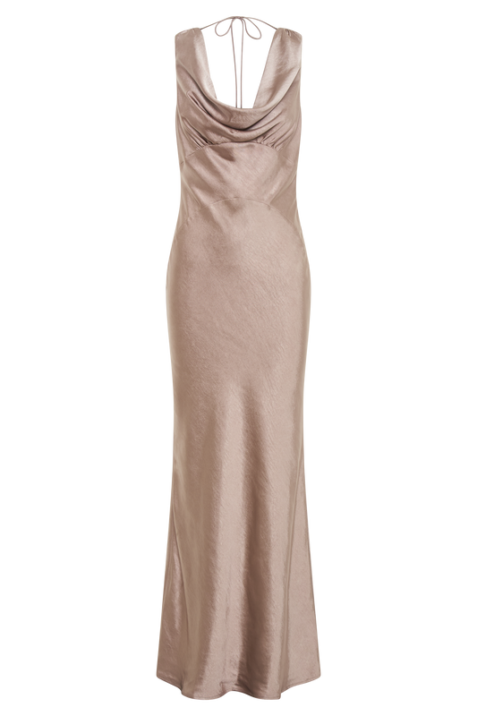 Angelique Satin Cowl Back Maxi Dress - Taupe