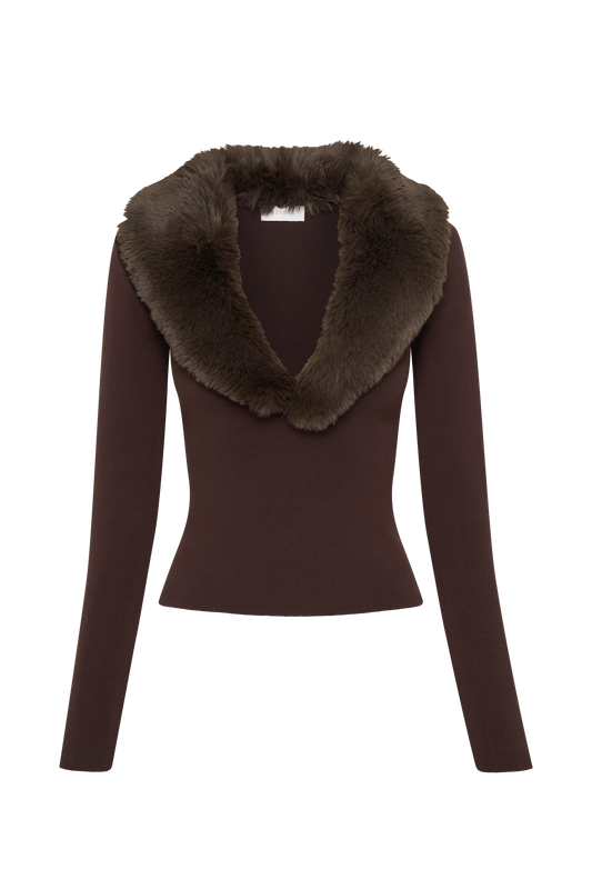 Maieve Fur Trim Knit Top - Dark Brown