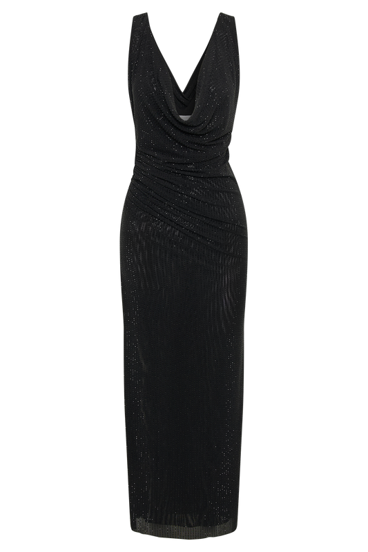 Laney Hot Fix Mesh Cowl Maxi Dress - Black