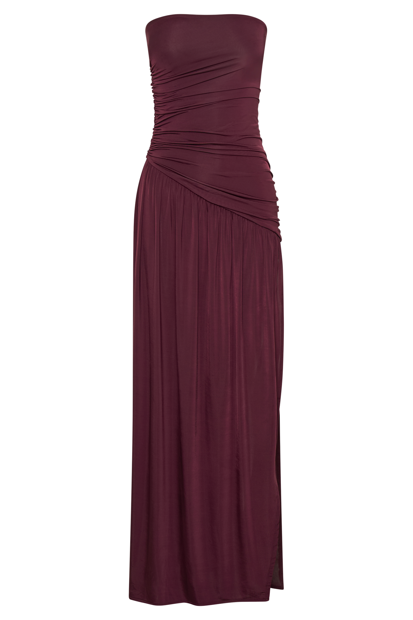 Bex Strapless Slinky Maxi Dress With Split - Burgundy