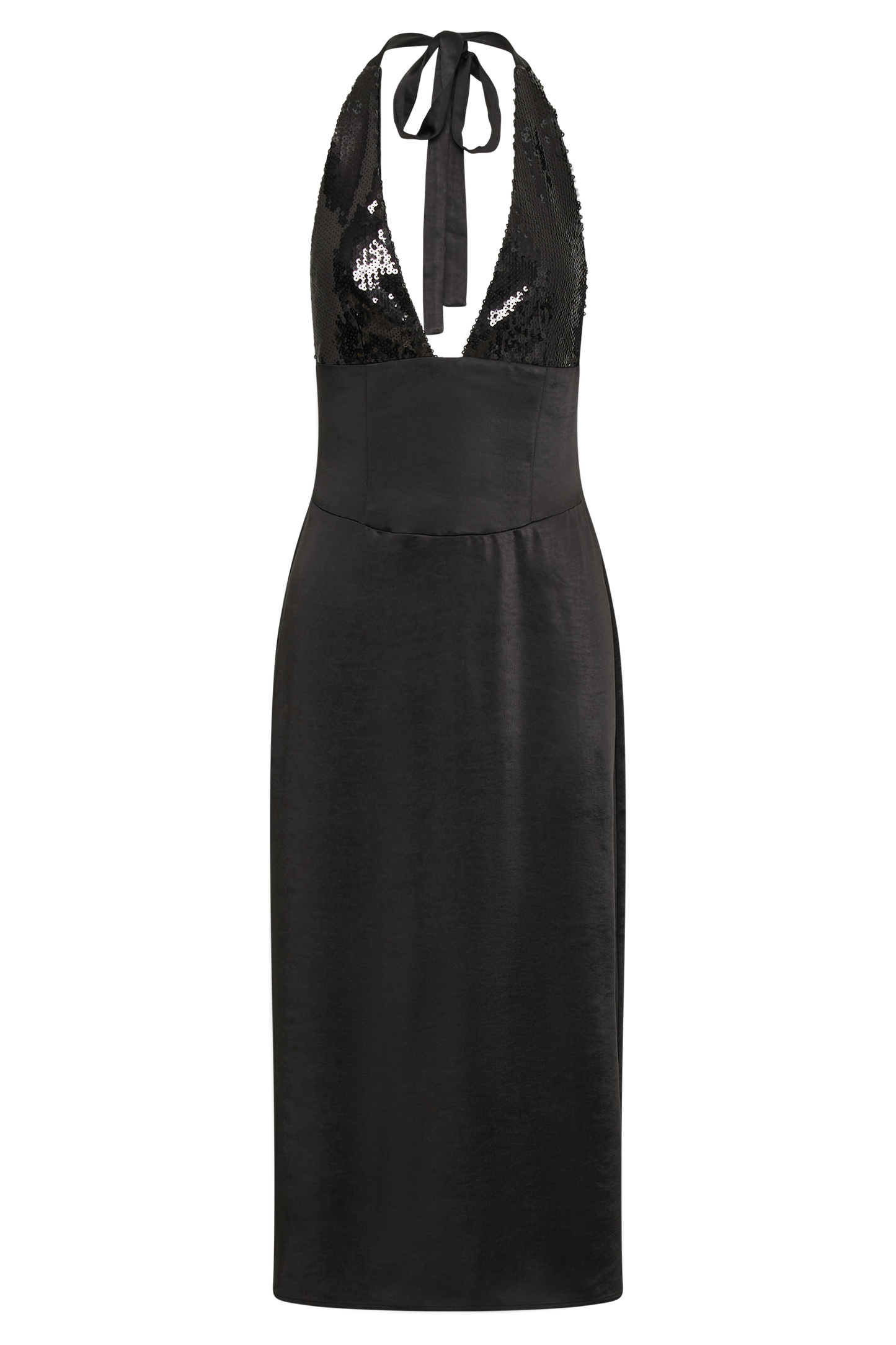 Ebony Satin Midi Dress With Sequins - Black