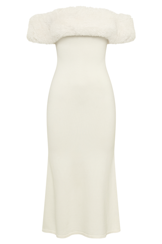 Angelica Off Shoulder Knit Midi Dress With Faux Fur - Ivory