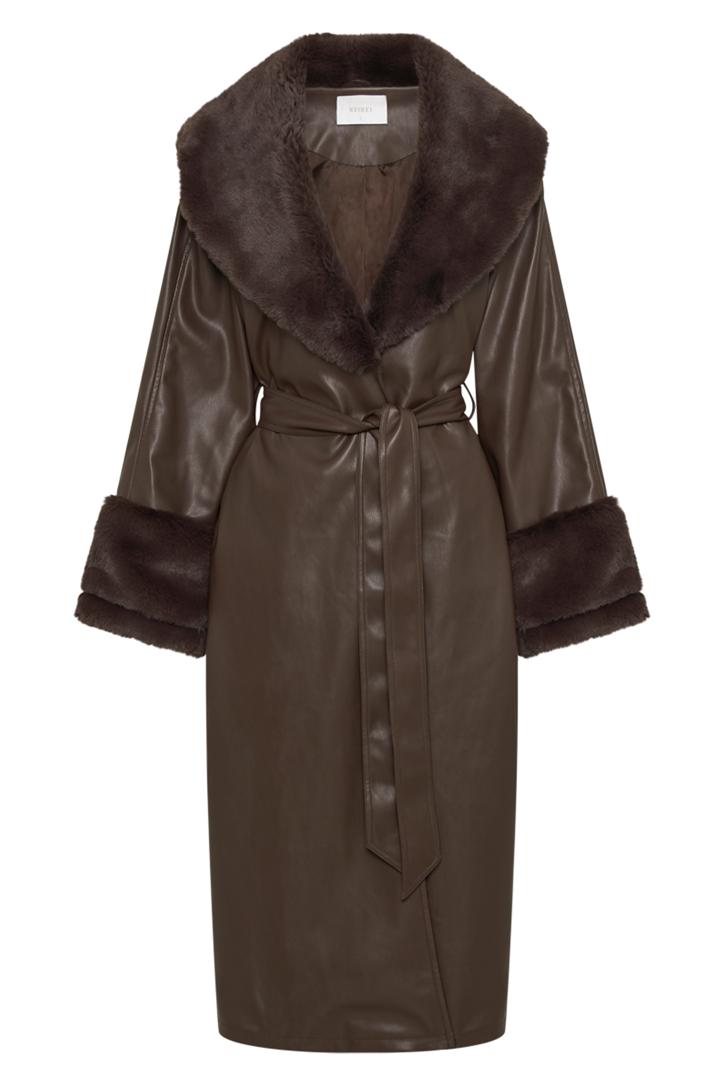 Rebekah Oversized Pu Trench Coat With Fur Trim - Dark Brown