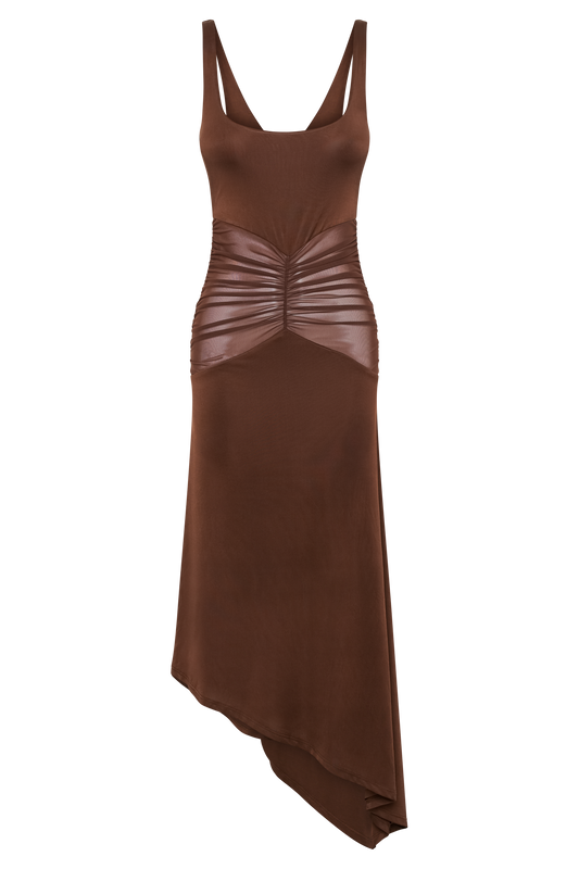 Kora Mesh Panelled Midi Dress - Dark Brown