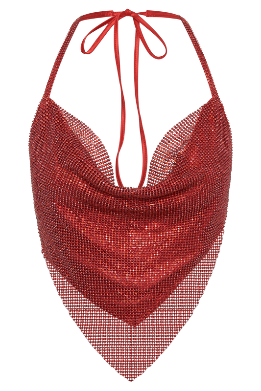 Daphne Diamante Cowl Neck Halter Top - Red