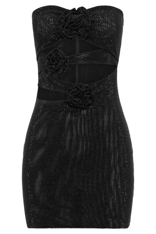 Korinna Strapless Rose Diamante Mini Dress - Black