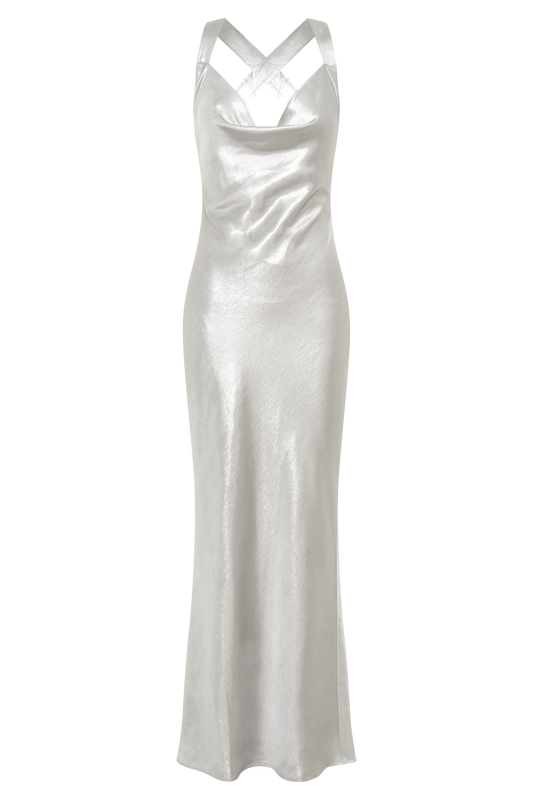 Caellie Satin Cowl Maxi Dress - Silver