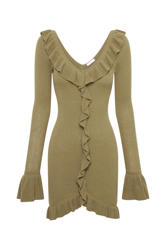 Karolina Knit Mini Dress With Frill - Olive