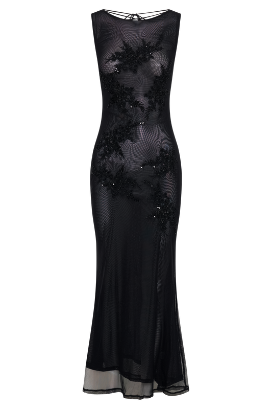 Maeva Embroidered Mesh Maxi Dress - Black