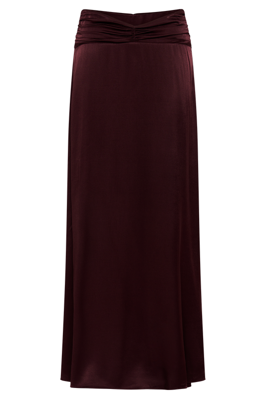 Clara Satin Ruched Maxi Skirt - Plum