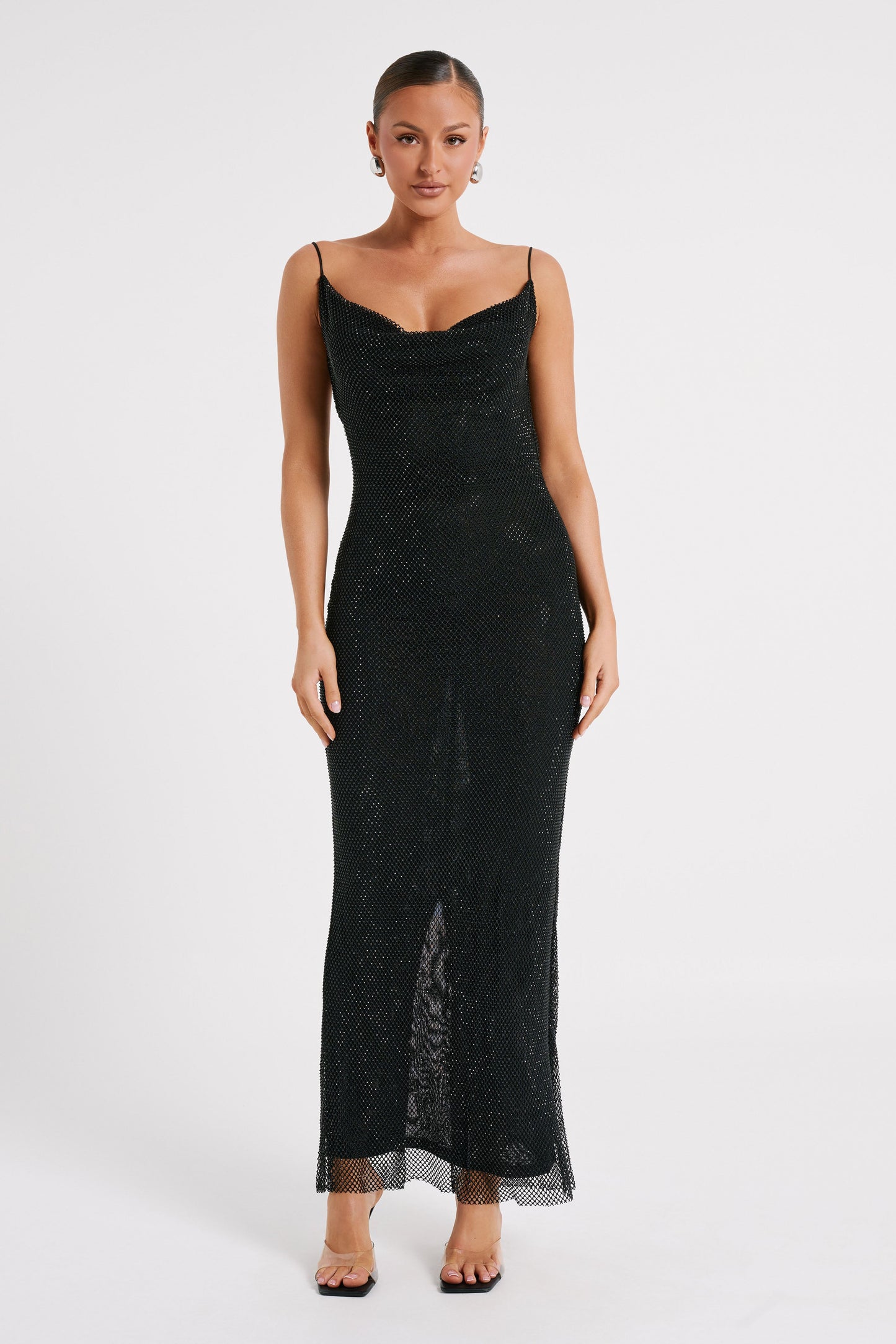 Madelaine Diamante Mesh Cowl Maxi Dress - Black