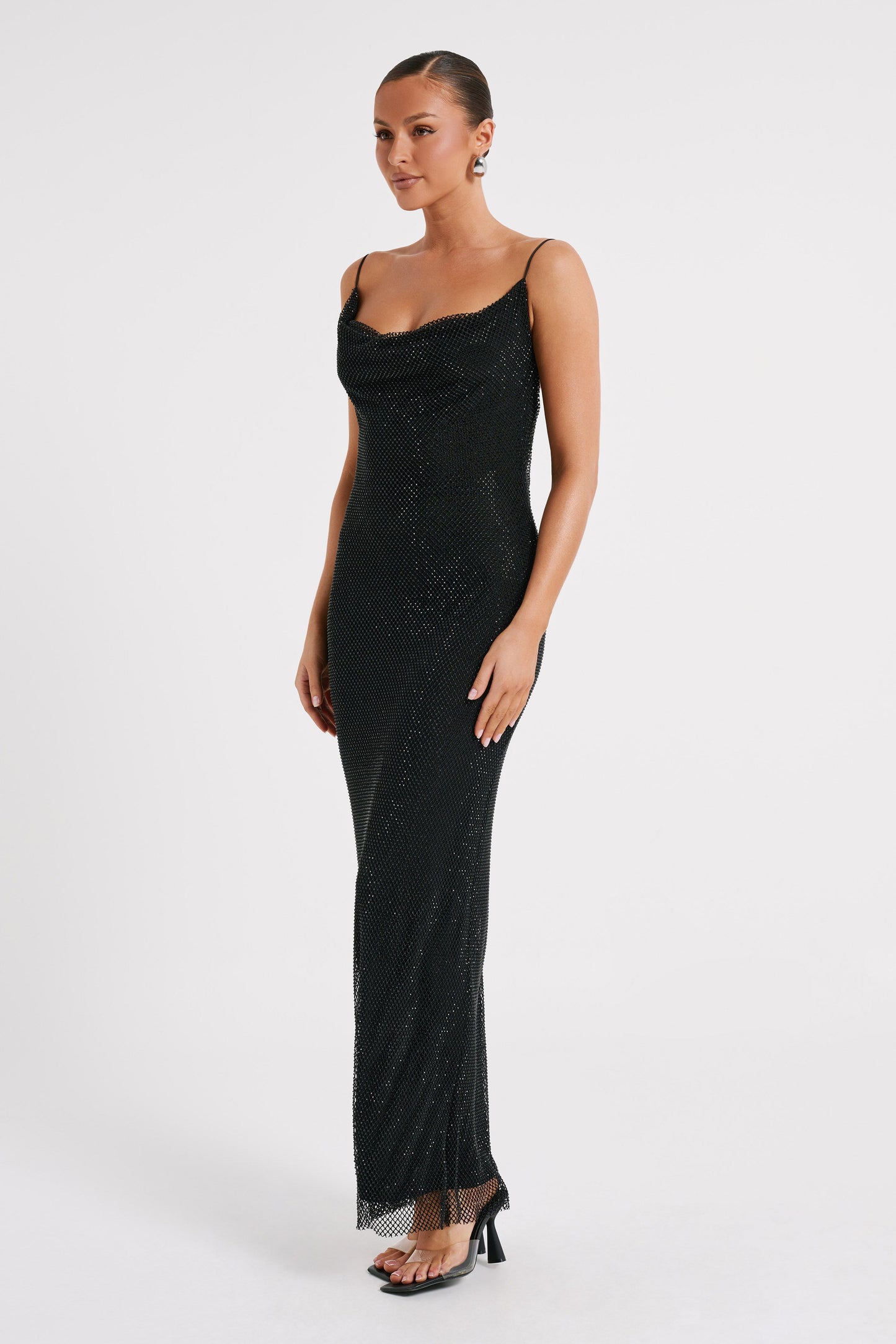 Madelaine Diamante Mesh Cowl Maxi Dress - Black