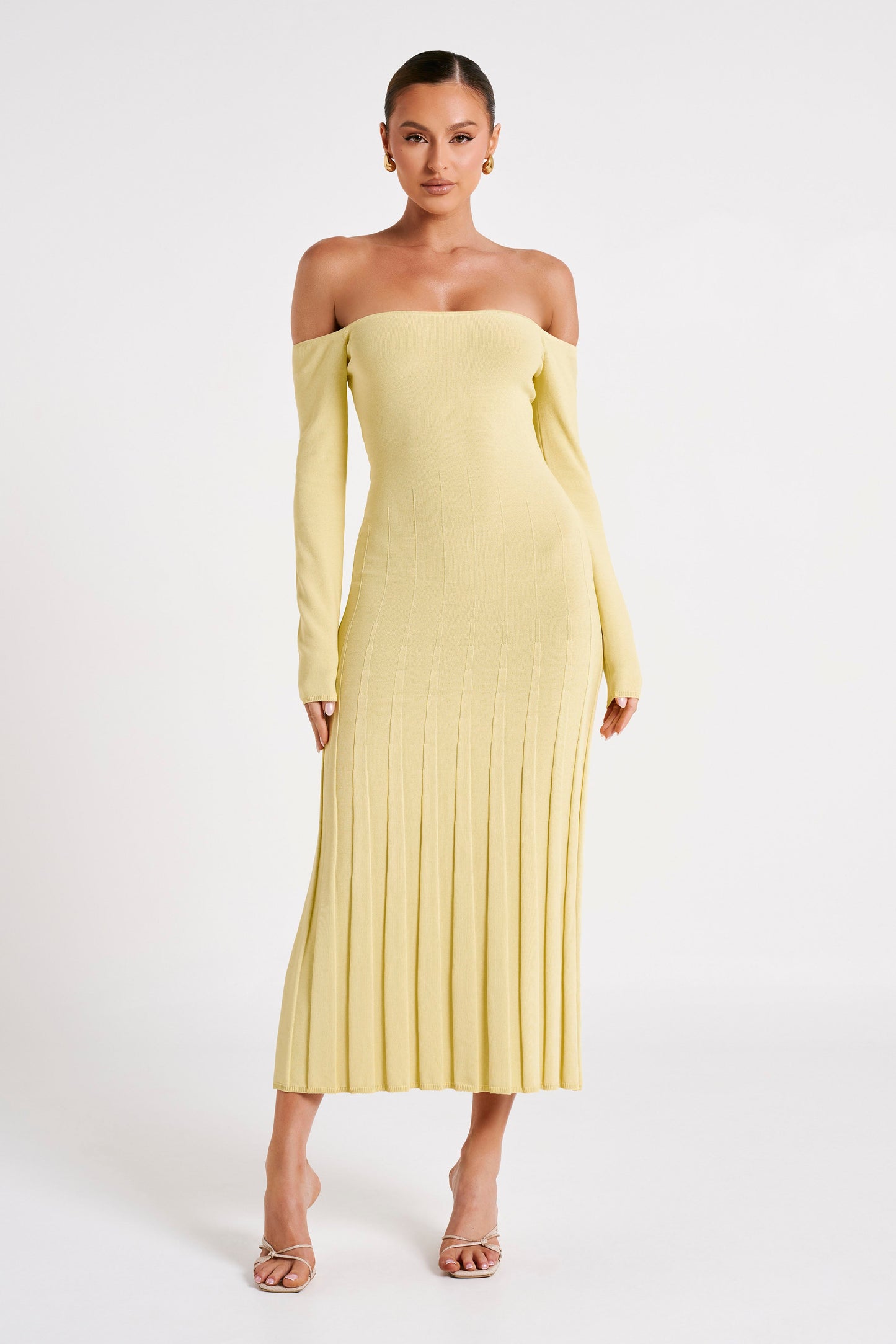 Emmeline Long Sleeve Rib Knit Midi Dress - Lemon