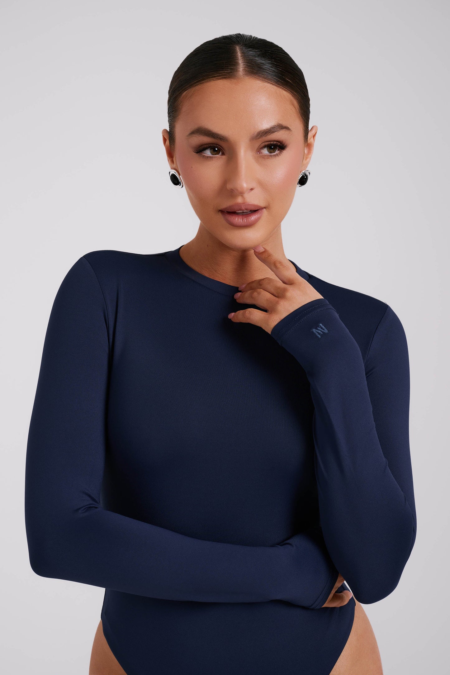 Delilah Long Sleeve Crew Neck Bodysuit - Navy