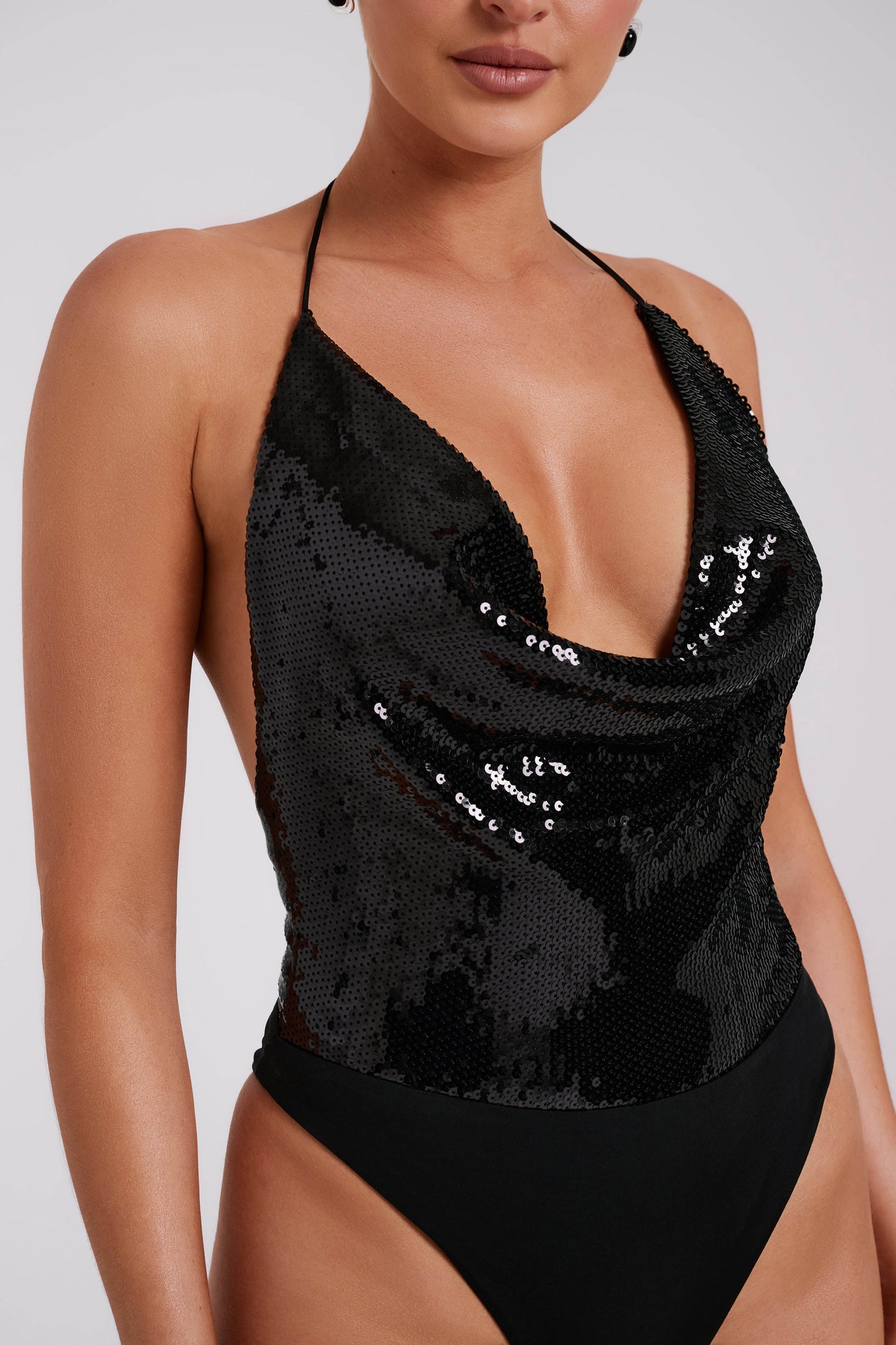 Nathalie Sequin Cowl Bodysuit - Black