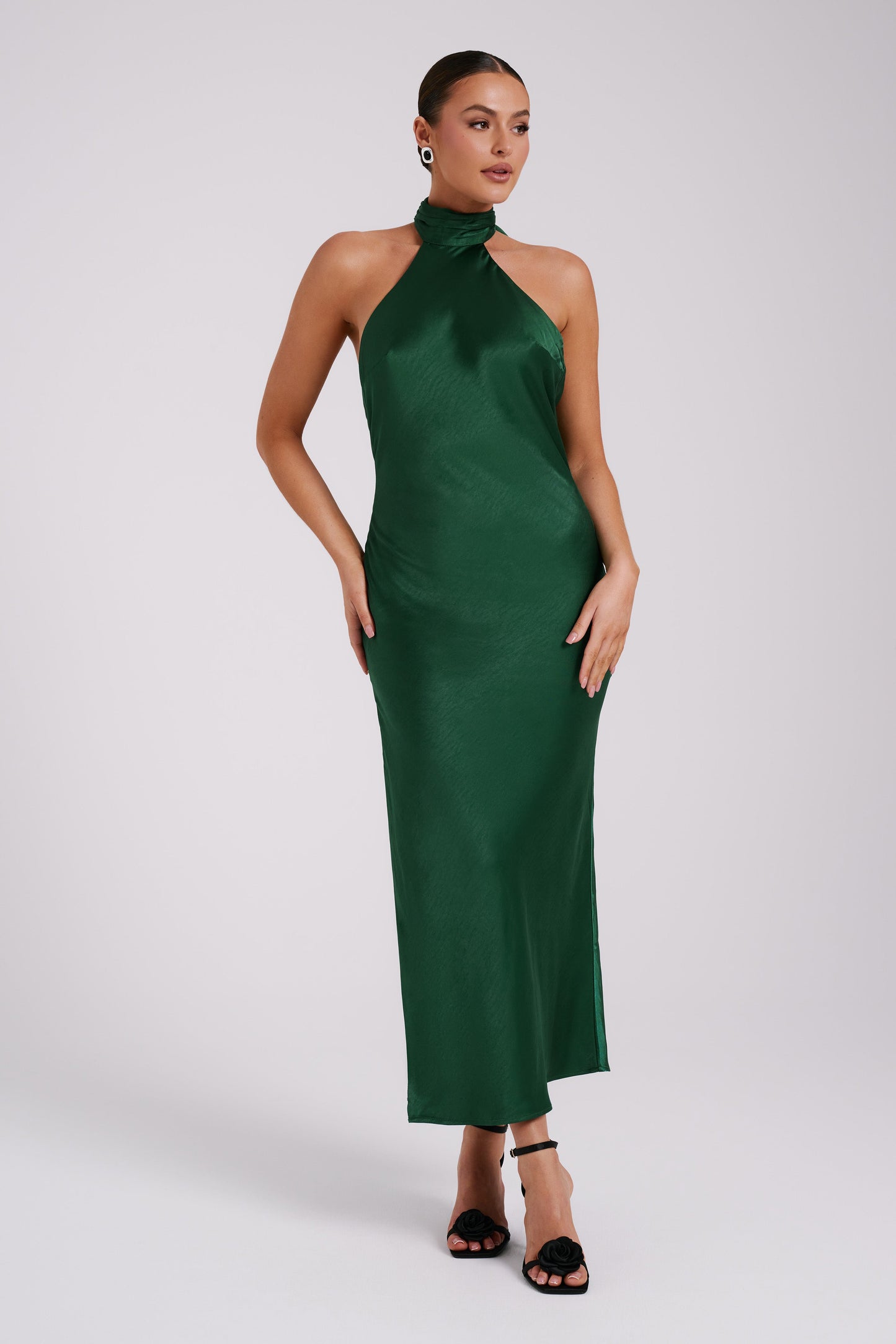 Paulette Satin Midi Dress With Bow - Emerald